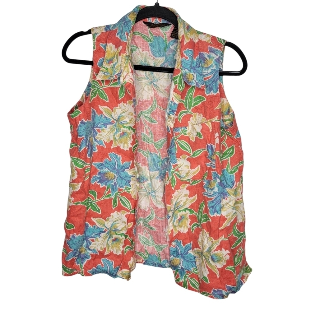 Vintage 90s Eddie Bauer Floral Linen Sleeveless Button Down Shirt Womens Medium